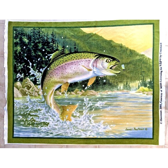 James Hautman 2005 Sewing Panel Fly Fishing Rainbow Trout Fleece 62" x 48" Craft - Picture 1 of 6